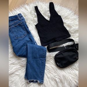 Abercrombie high rise mom jeans with distressing and back cut off detail 25short